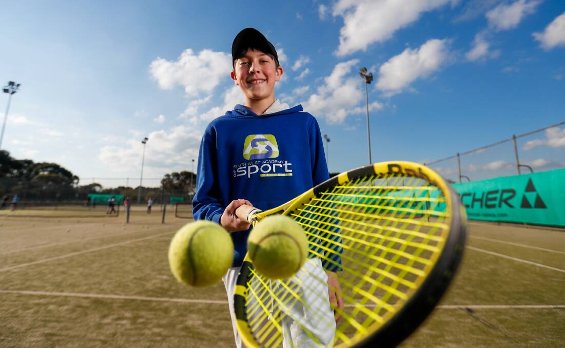 RETURN TO COURT: Warrnambool Supergrasse Tennis Complex player Max Phillips, 13, at his lesson this week. Picture: Morgan Hancock 
