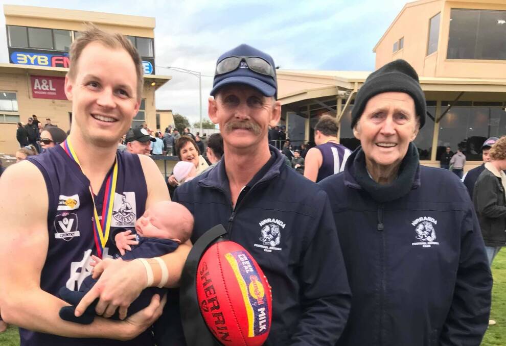Great day: Grandson Brayden and great grandson, Hugo, and son Jake (president) with Bruce Harkness after Nirranda won the WDFNL 2018 premiership. Jake said one of Bruce's special memories was when Nirranda won the 2016 flag. It came after a long drought for the club.