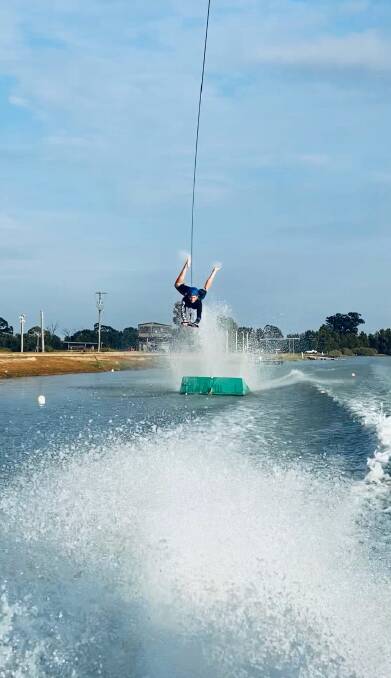 Soaring: Glenfyne's Thomas Roberts flies off a jump at Mulwala in 2020. He is competing in the Australian Barefoot Waterski Championships this week.
