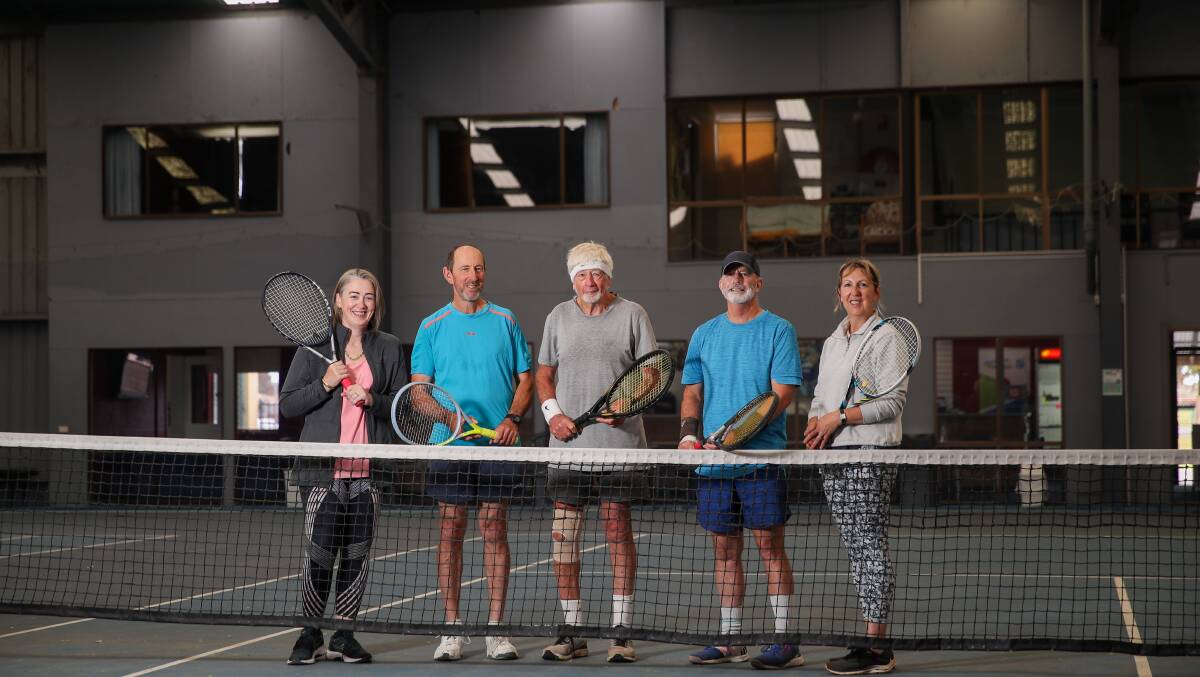 FOND MEMORIES: Kate Lynch, Darly Lyons, Gordon Forth, Randy Spencer and Susan Blake who have played Cardio Tennis every Friday together at Warrnambool Indoor Tennis Centre. Picture: Morgan Hancock 