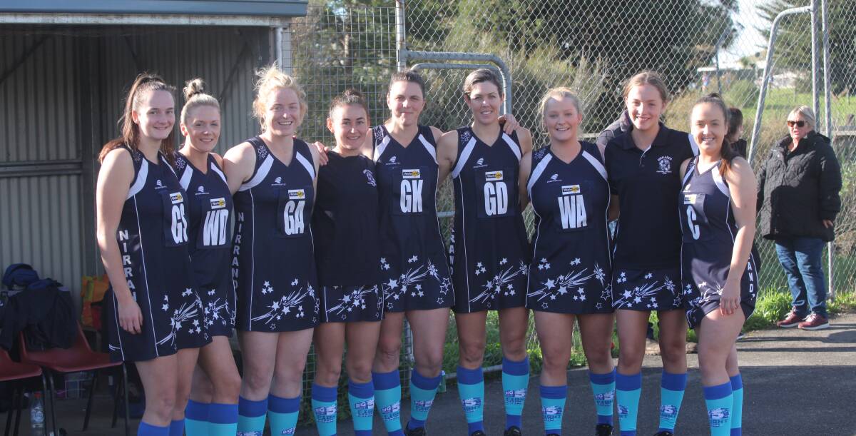 The team: Nirranda A grade about to play against Panmure. (l-r) Sophie Adams, Katie Ryan, Steph Townsend, Anna Archie, Lisa Anders, Cloe Marr, Lisa Couch, Montana Wallace and Georgia Haberfield. Picture: Brian Allen