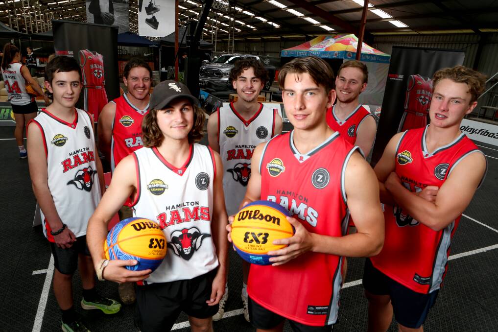 Ready to play: Hamilton Rams' 3X3 basketballers (back) Rohan Green, 13, Samuel Brewer, Joel Le Roy, Dean Le Roy, Ted Koch, 16, (front) Nate Krause, 16 and Will Povey, 16. Picture: Chris Doheny 