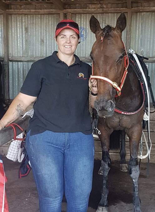 Back: Trainer Bec East with Justwantano at Terang. East has recently returned to training after a track work fall. 