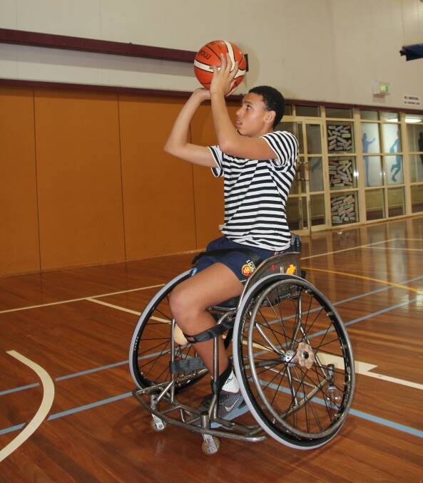 Lining it up: Warrnambool's Jaylen Brown, also an Australian junior player, shoots for the hoop. Picture: Brian Allen