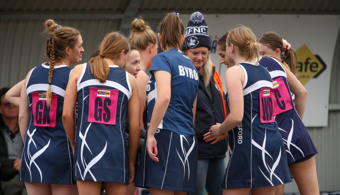 Go Cats!: Allansford coach Bridget Foster addresses her players earlier this season. Picture: Chris Doheny 