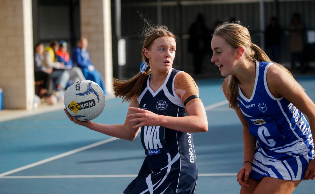 Gaining experience: Allansford's Maddie Drake during the Allansford versus Russells Creek game. The youngster started at wing attack. Picture: Anthony Brady