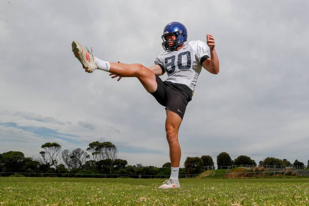 Quick learner: Jack Ansell practises his punting in Warrnambool this week. He only took up punting a year ago after watching the Super Bowl.