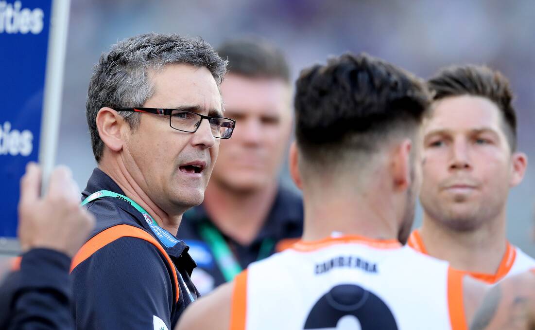 Re-signed: Giants coach Leon Cameron addresses his team during their round 14 win over Fremantle at Optus Stadium. Picture: Will Russell/AFL Photos via Getty Images