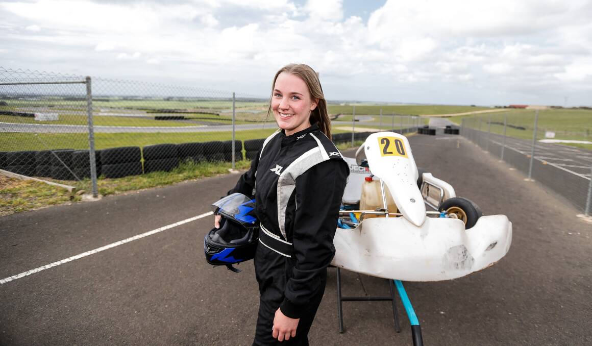 AT THE TRACK: Warrnambool Kart Club's Maddie Cook, 19, is a long-time gymnast who has just got back into karting this year. She drives in the four-stroke class. Picture: Anthony Brady 