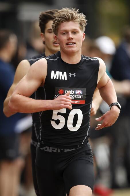 In front: South Warrnambool product Jay Rantall took out the 2km time-trial at the AFL Draft Combine on Friday. Picture: Getty Images