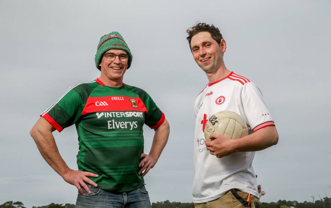 KEEN FOR THE FINAL: Mayo supporter Martin Ruane and Tyrone supporter James Cassidy. Picture: Chris Doheny