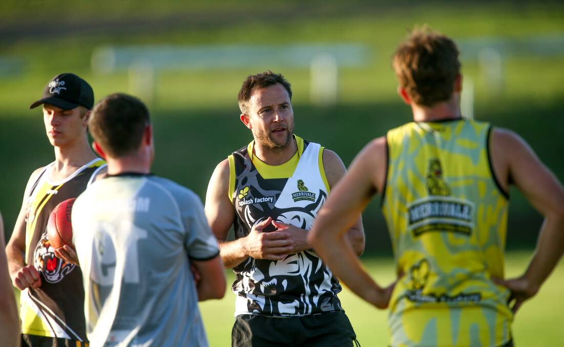 Counting down days: Merrivale coach Josh Sobey talks to his players at training on Monday night. Picture: Chris Doheny 