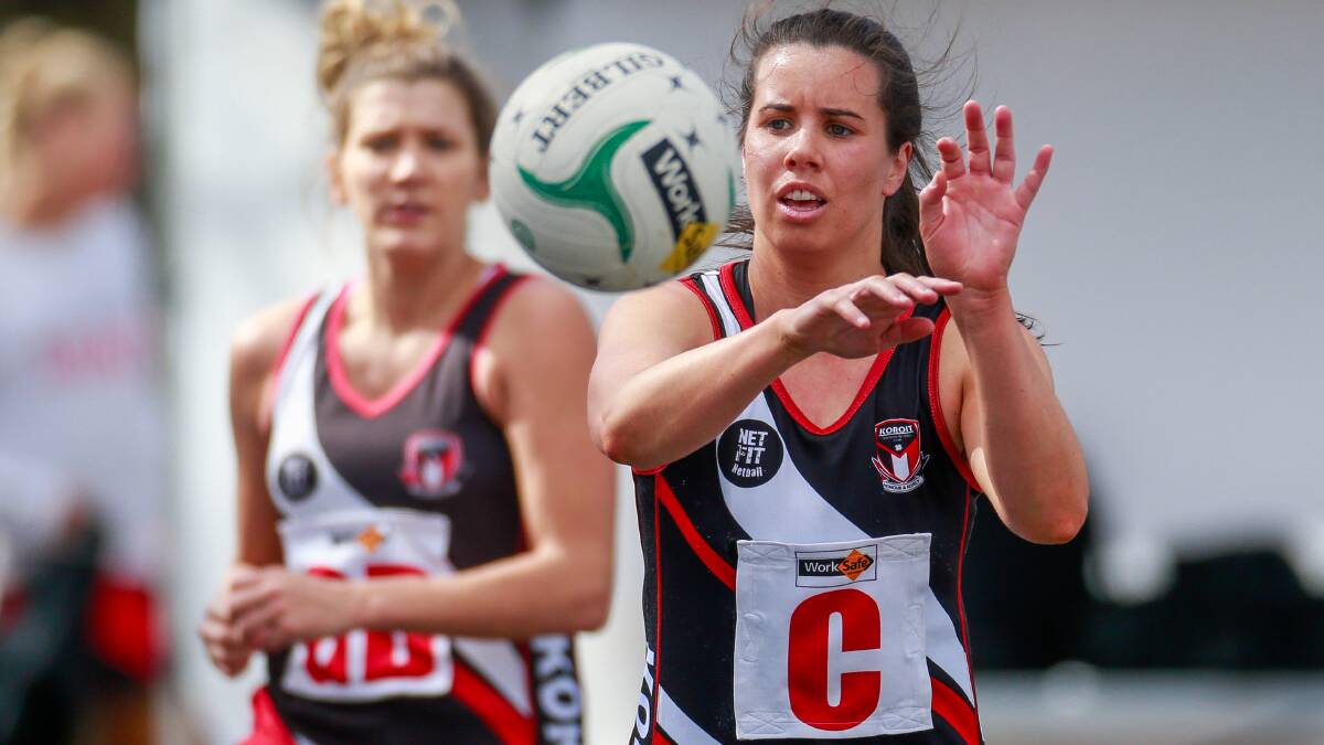 Finding ways forward: Koroit's Emily-Rose Finnigan in action in 2019. The club's netballers are staying active at home. Picture: Morgan Hancock 