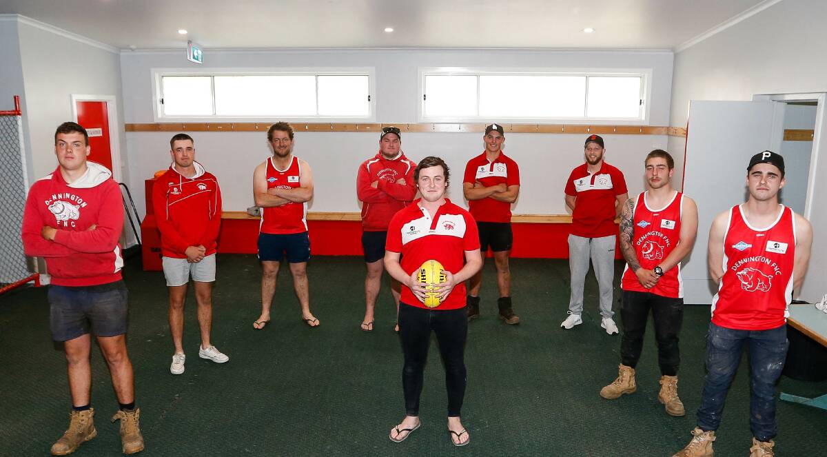 First game: A number of Dennington's recruits will play in round one. Here's coach Ben Thornton pictured with seven of the club's new faces in October last year. Picture: Anthony Brady