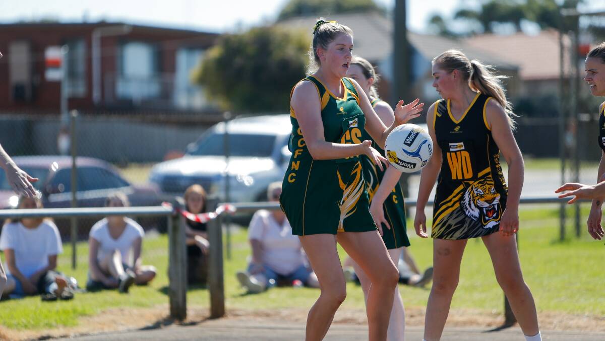 TALENTED GOALIE: Old Collegians' Chelsea Quinn takes the ball in a game against Merrivale. Picture: Anthony Brady 