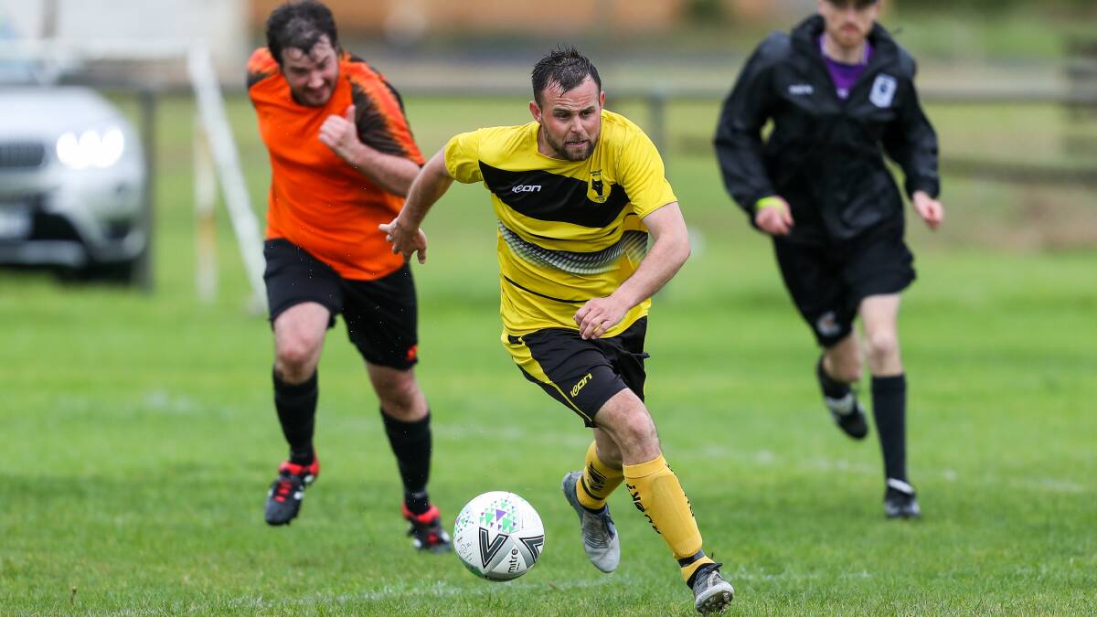 No soccer: Warrnambool Wolves' Steven Wallace chases after the ball. The South West Victorian Football Association won't be going ahead this month due to the coronavirus pandemic. Picture: Morgan Hancock 