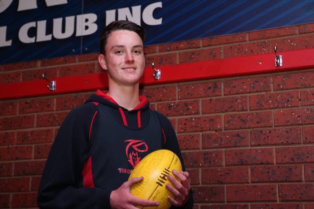 Emerging star: Timboon Demons' Kyle Delaney, 16, made his senior debut in round six and kicked two goals. Picture: Brian Allen