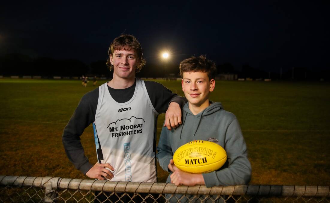 Goal-kickers: Brothers Ryley and Darcy Hutchins at Kolora-Noorat training on Thursday night. Picture: Morgan Hancock