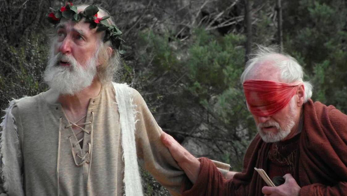 Bruce Widdop as King Lear leads a blinded Gloucester in an OZACT performance. Picture supplied by OZACT.