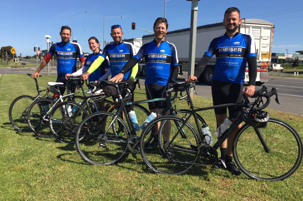 RIDING STRONG: James Cole, Sue Cullen, Ben Saxe, Jim Farran and Rob Bradley stopped in Warrnambool on their ride from Adelaide to Melbourne.
