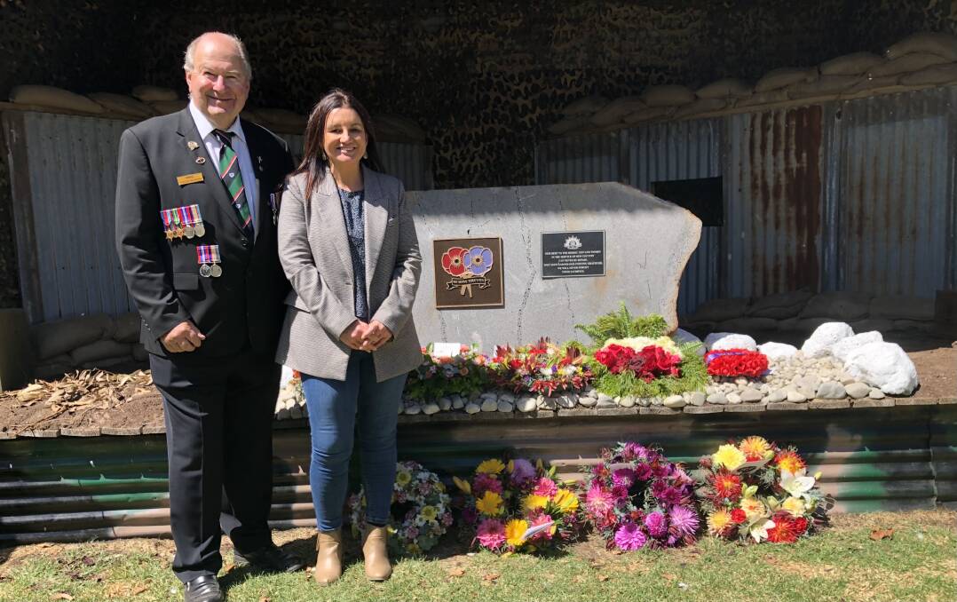 SERVICE: Cockatoo Rise War Veterans Retreat's Greg Carter with Senator Jacqui Lambie at the memorial stone in Macarthur, Sentaor Lambie said community sentiment was strong for all veterans. Picture: Clare Quirk