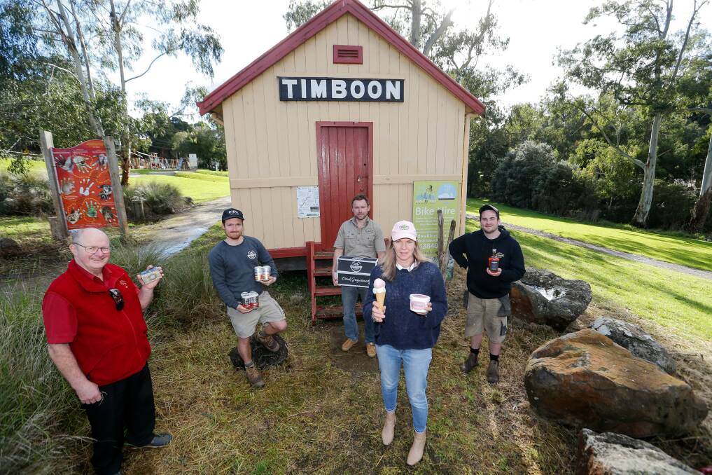 WE'RE OPEN: Apostle Whey Cheese's Julian Benson, Sow and Piglets' Julian Widera and Giri Haureljuk, Timboon Fine Ice Cream's Caroline Simmons and Timboon Distillery's Josh Walker are welcoming back tourists. Picture: Anthony Brady