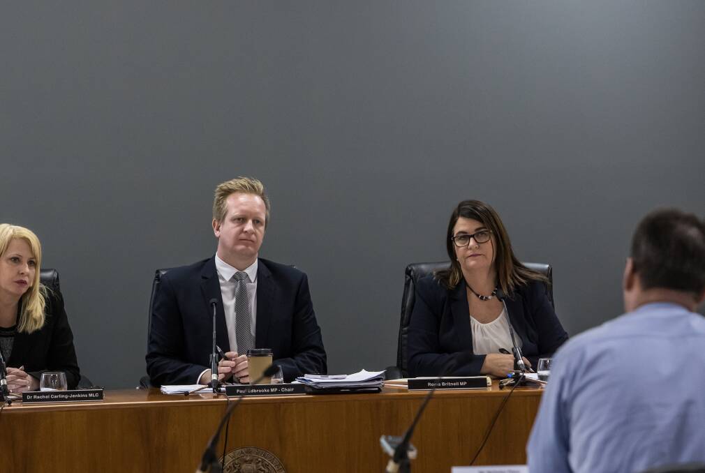 HEARING: Family and Community Development Committee chair Paul Edbrooke and South West Coast MP Roma Britnell at the inquiry. Picture: Christine Ansorge.