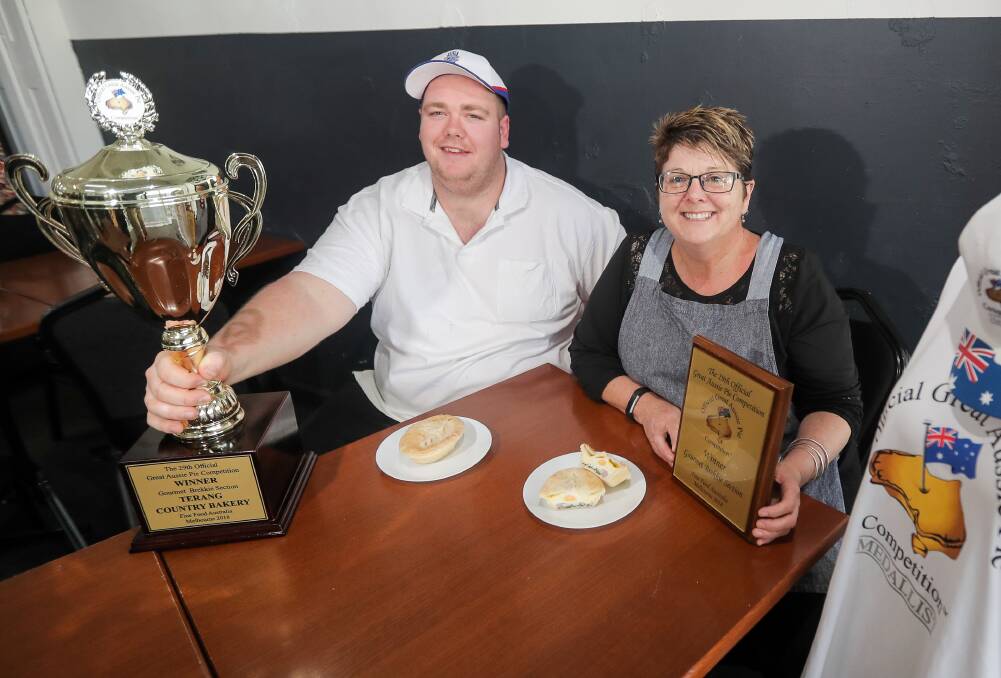 WINNING WAY: Terang Country Bakery's Brad Burkitt and Gaye McVilly pictured with the pies which ensured they received national recognition. Picture: Morgan Hancock