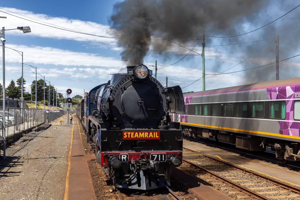The 1951 Hudson Steam Locomotive arrives at Warrnambool Train Station. Picture by Eddie Guerrero.