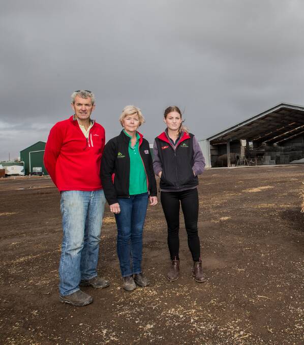 LONG HAUL: Terang's Chris O'Connor (left) with Kim Tupper, Ashlee Hammond at the fodder distribution centre, Mr O'Connor says some farmers struggling to plan ahead.