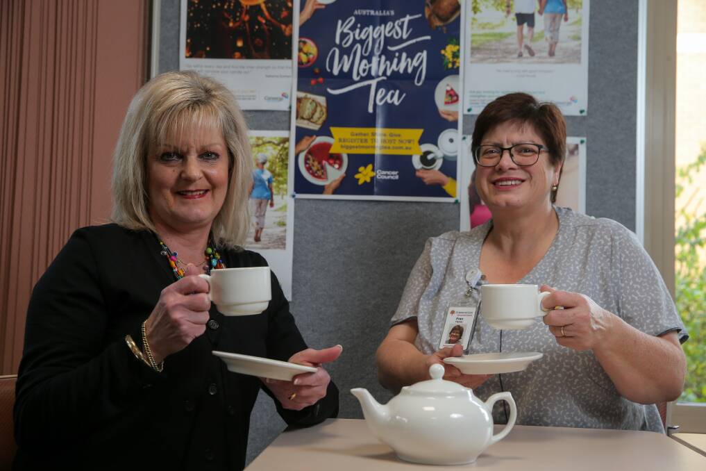 CHEERS: Now cancer free Karen Guyett pictured with St John of God's Fran Hynes are encouraging the community to come together for a Cancer Council Biggest Morning Tea on Thursday. Picture: Rob Gunstone