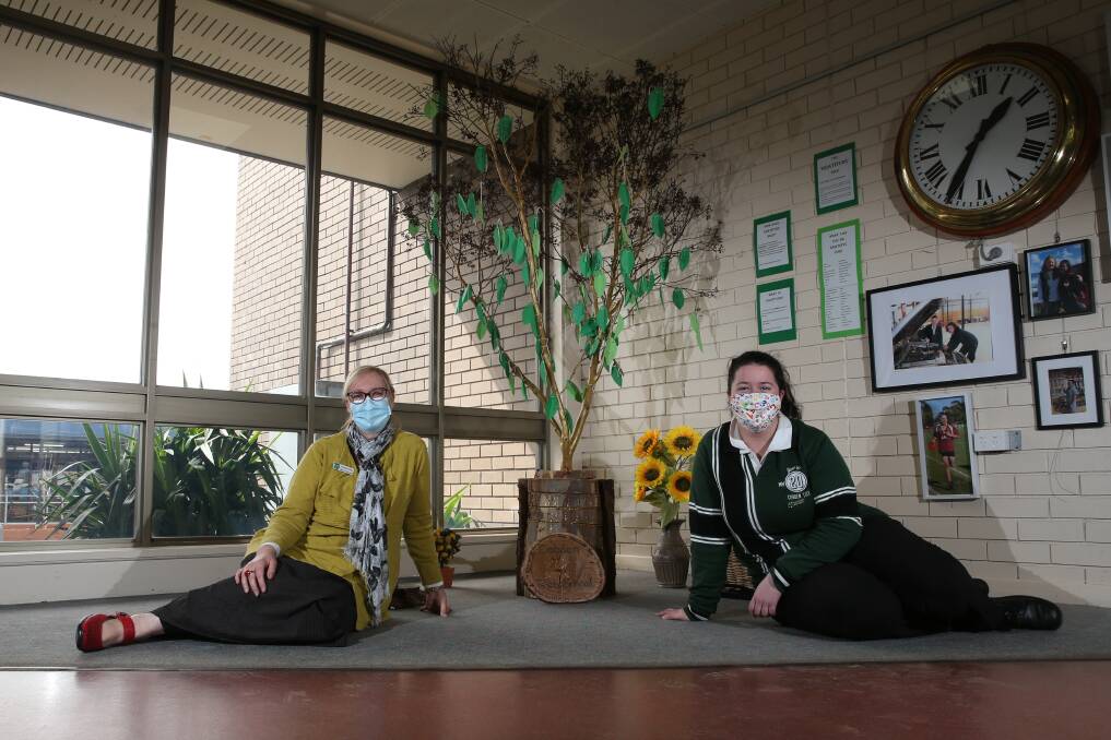 THANKFUL: Cobden Technical school counsellor Julie White-Richardson and school captain Ingrid Bellman, 18, sit at the school's gratitude corner which has received statewide recognition for supporting the mental health of students. Picture: Mark Witte 