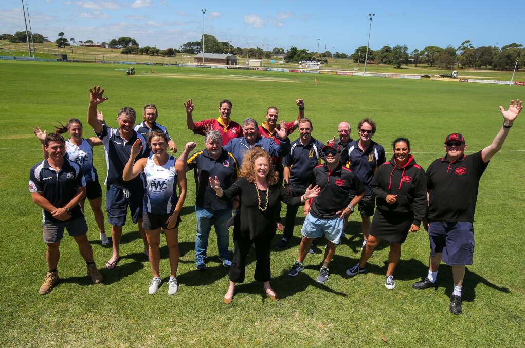 CELEBRATE: Former Warrnambool Mayor Kylie Gaston with representatives from the various Reid Oval user groups, after the council approved $100,000 to develop a strategic plan oval upgrade in February 2017. Picture: Rob Gunstone