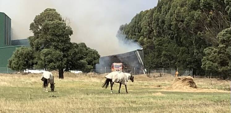 FIRE: Smoke billows from a haystack fire at Terang.