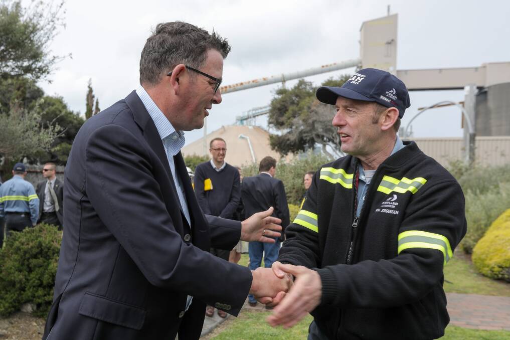 In 2017 Premier Daniel Andrews addresses workers from the Portland Alcoa plant and congratulates them on their hard work getting the site restarted.