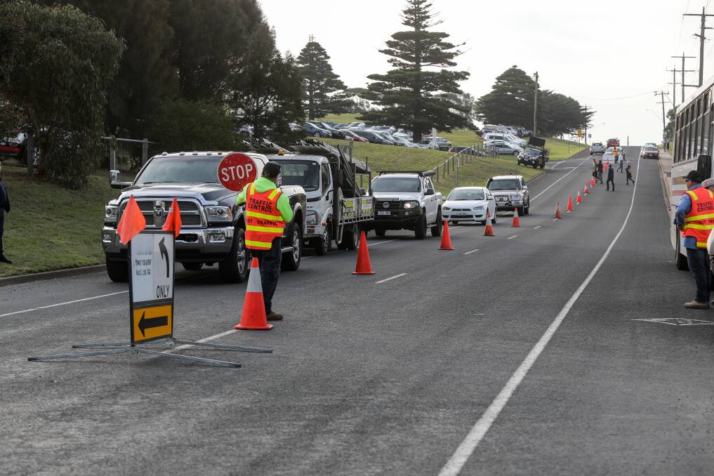 Safer: Police and Warrnambool Racing Club officials praise new traffic measures outside the course during the May Racing Carnival. Picture: Rob Gunstone