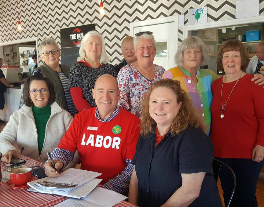Women's issues: Dorothy Rooney, Denise Norton, Diane Keane, Jan Hill, Heather Cooper, Hilary Thorpe. (Front) Jacinta Ermacora, Labor federal election candidate for Wannon Gilbert Wilson and Kylie Gaston in Port Fairy on Saturday.