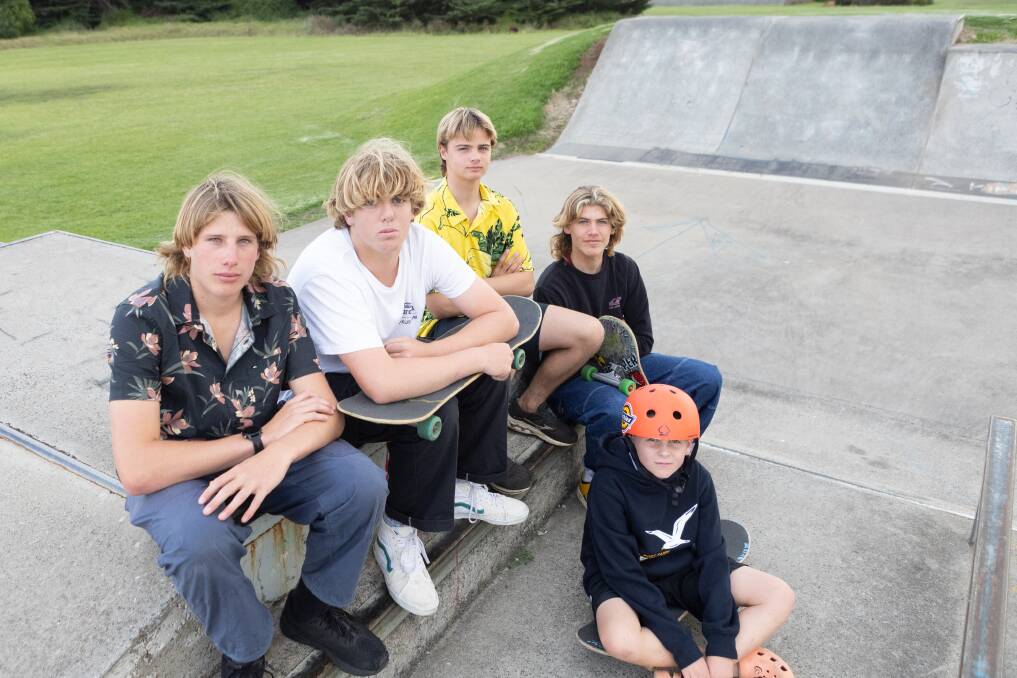Skaters Toby Watkinson, Humboldt Serong, Adam Lee, Adam Van de Camp and Jake Van de Camp want an update on what's happening with the new Port Fairy Skate Park. Picture: Anthony Brady