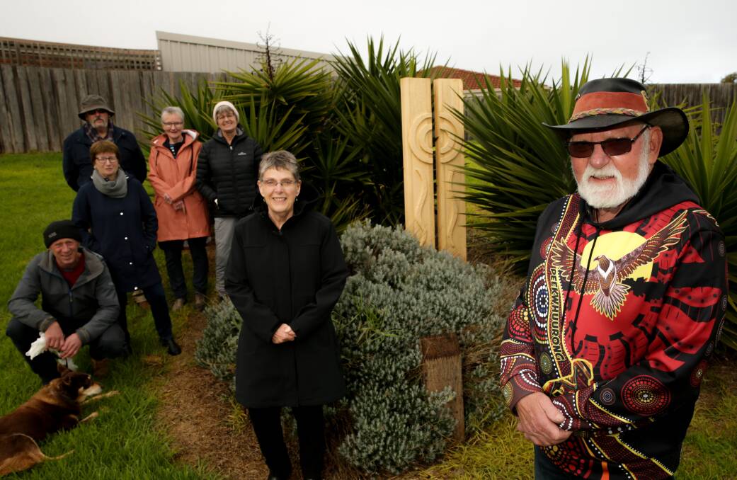 New: Robert Lowe, mayor Vicki Jellie, Merrivale's Ros McBain, Paul McLaren, Ross and Joan Ward, Robyn Watson with a sculpture. Picture: Chris Doheny