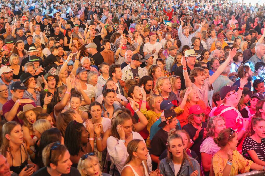 Good times: Crowds join in with the Sunday Sing Along at the Port Fairy Folk Festival. Picture: Morgan Hancock