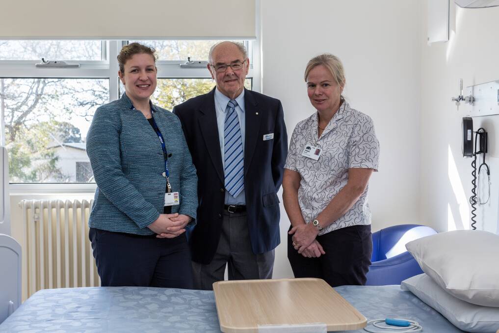 Grateful: Terang & Mortlake Health Services CEO Julia Ogdin, Peter's Project Foundation director Vern Robson and nurse unit manager Sarah Williams with the new mattress that the foundation funded. Picture: Christine Ansorge