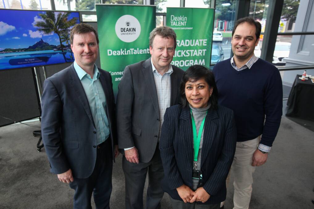 Demand: Warrnambool City Council's Andrew Paton, SED Advisory's Robert Lane, Deakin TALENT's Dineli Mather and Wannon Water's Andrew Jeffers attended the launch of recruitment initiative DeakinTALENT. Picture: Rob Gunstone