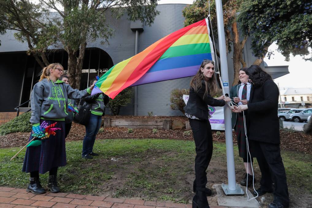 Bright: Brophy Family and Youth Services' SAFE in the South West worker Shane Hernan with the rainbow flag which will be raised on Thursday to celebrate the International Day Against HOmophobia, Biphobia, Intersexism & Transphobia Picture: Rob Gunston