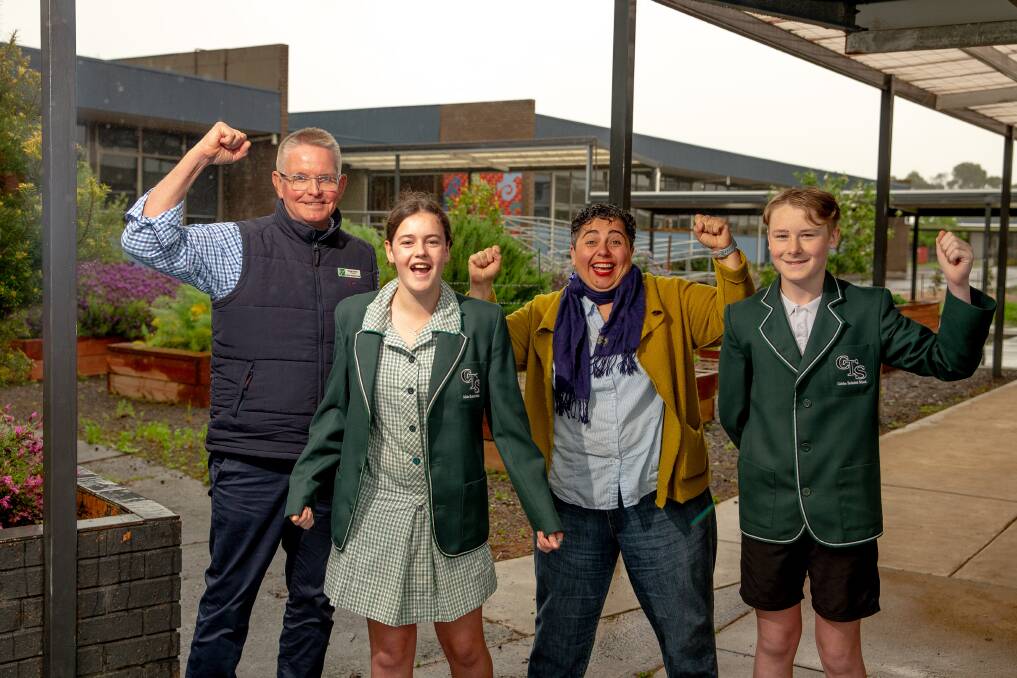 Cobden Technical School principal Rohan Keert has welcomed free secondary teaching degrees to help boost educator numbers. He is pictured with students Olivia Benson and Zac Stevens and Polwarth Labor candidate Hutch Hussein in 2020 upon hearing the school would receive $6.6m funding to upgrade a 50-year-old building.