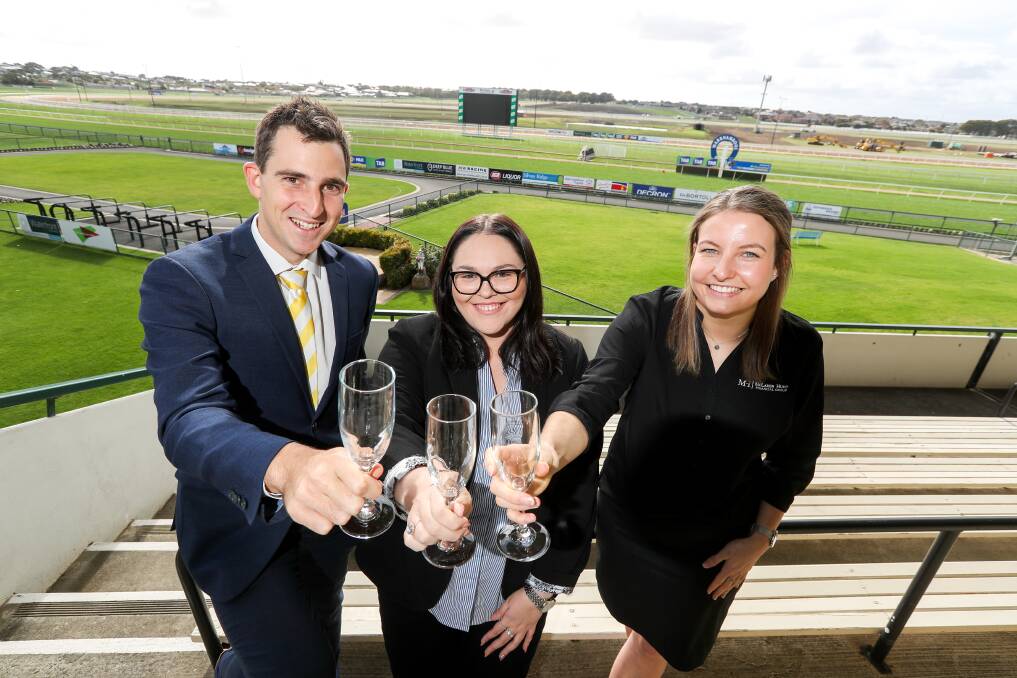 Ready: Young Professionals Warrnambool members Steve Aberline, Georgia Harrison and Chae Douglas prepare for the group's May Racing Carnival champagne breakfast on Thursday. Picture: Rob Gunstone