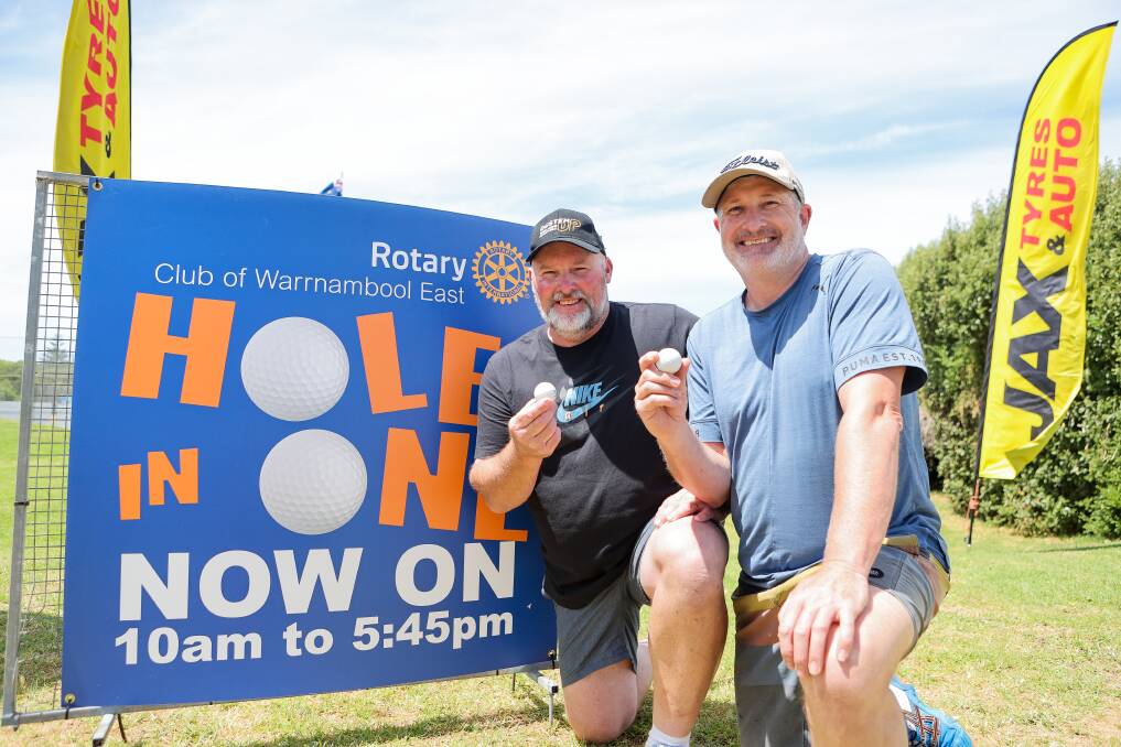 Brothers-in-law Mat Ashton and Mark Squire, from Ballarat, both got hole-in-ones on Wednesday. They were among the first aces this year, qualifying them for the Australia Day shoot-out to win a Kia Picanto. Picture by Anthony Brady