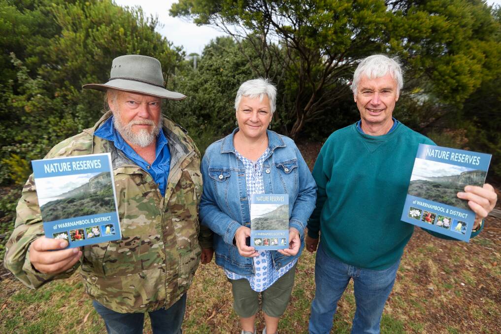 Get out and explore: Nature Reserves of Warrnambool and District will be launched on Friday. Pictured is author John Hargreaves, Australian Plants Society Warrnambool and District branch president Dorothy Mattner and vice president Kevin Sparrow who helped co-ordinate the project. Picture: Morgan Hancock