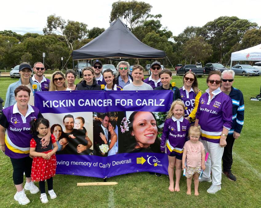 The Kickin Cancer For Carlz team participated in Warrnambool's Relay For Life at Deakin University on Saturday to honour Carly Deverall who died from lymphoma, aged 31. Picture by Madeleine McNeil 