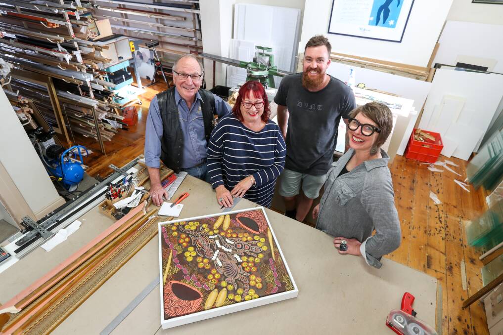 End of an era: Henna Street Picture Framers owners Stuart Prince and Heather Martin-Trigg are retiring from the business, which siblings Jack Webb and Ella Webb have purchased and will operate from Tuesday. Picture: Rob Gunstone