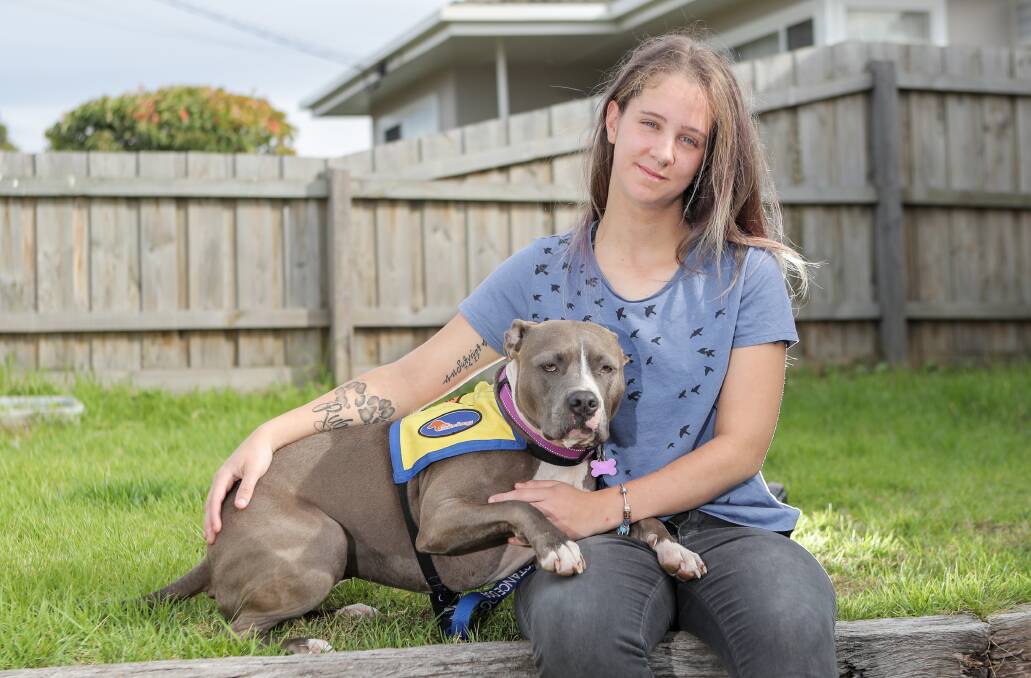 Friends: Shauna Darcy and Ruby, a MindDog psychiatric assistance dog, share a special bond, alerting her of panic attacks befofe they occur. Picture: Morgan Hancock